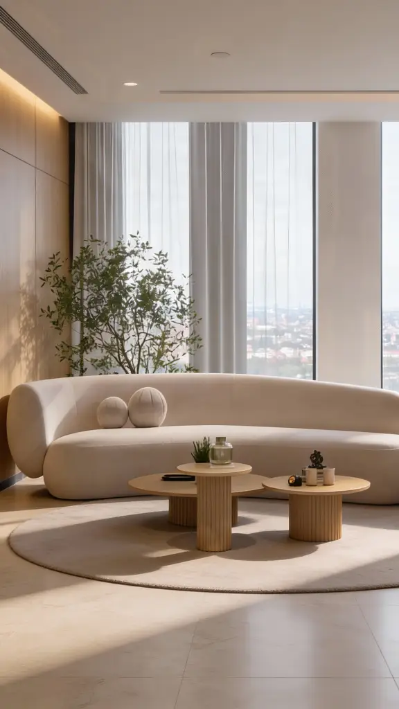 Moderne, helle Lounge im Kinderwunschzentrum mit gebogenem Sofa, Holztischen und großen Fenstern.