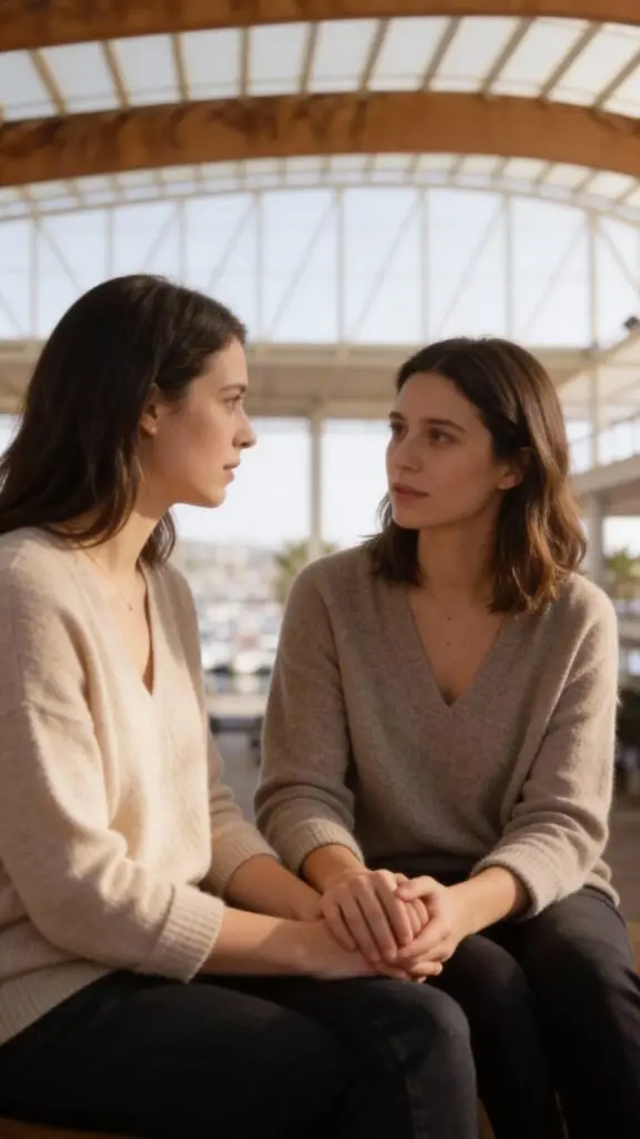 Zwei Frauen sitzen in einem ruhigen Gespräch, halten sich an den Händen, ohne Blick in die Kamera – symbolisch für eine Entscheidung zur Eizellspende.