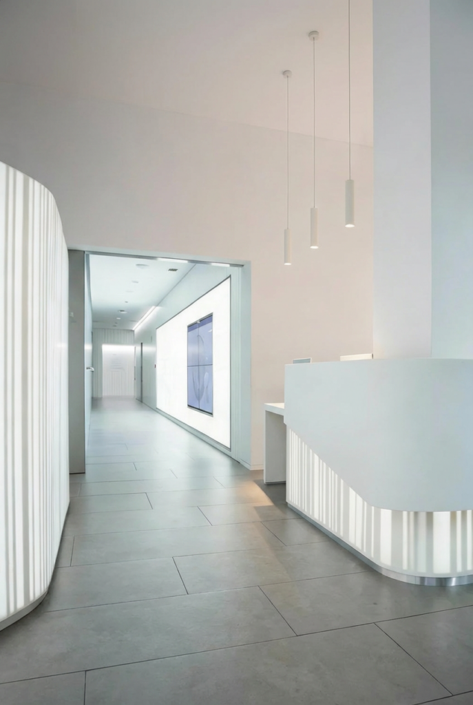 Hochkantaufnahme vom Empfang der CRA Barcelona mit weißer Rezeption und hellem Flur im Hintergrund.
