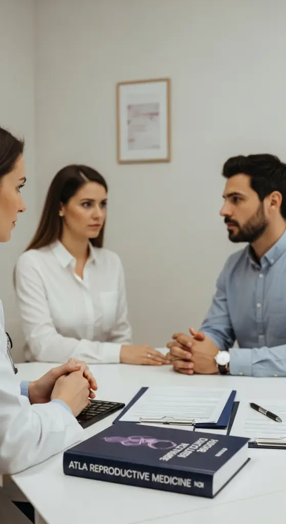 Paar sitzt einem Arzt am Schreibtisch gegenüber, wirkt ernst und nachdenklich; im Vordergrund liegt ein Fachbuch zur Reproduktionsmedizin, Titel nicht lesbar.