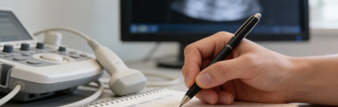 Neutrale Aufnahme eines Ultraschallbildschirms und eines Terminplans auf einem Tisch, symbolisch für Insemination und IVF, ohne Logos oder lesbare Texte.