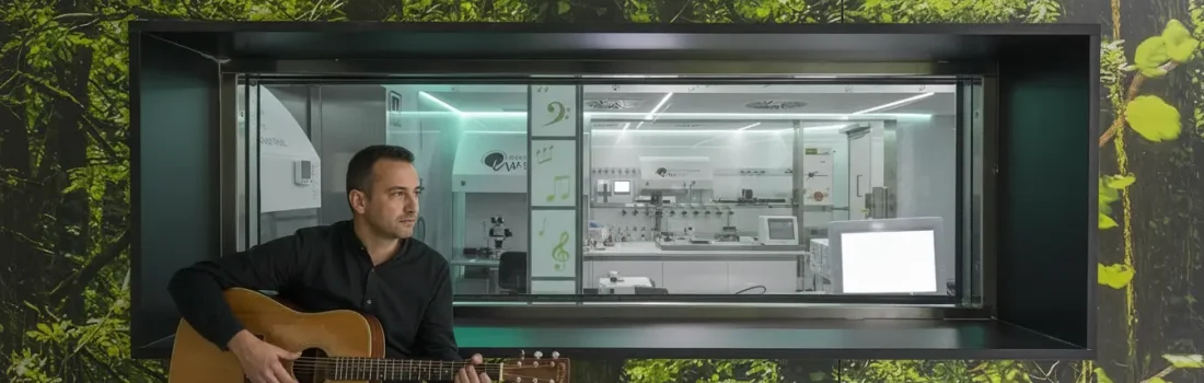 Musiker mit akustischer Gitarre sitzt im Vorraum vor einem Sichtfenster, dahinter ein IVF-Labor, ruhige dokumentarische Szene ohne Logos.
