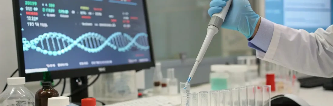 eutrale Laboraufnahme mit DNA-Modell oder Chromosomen-Darstellung am Bildschirm, unscharf und ohne lesbare Inhalte, symbolisch für PID/PGT.