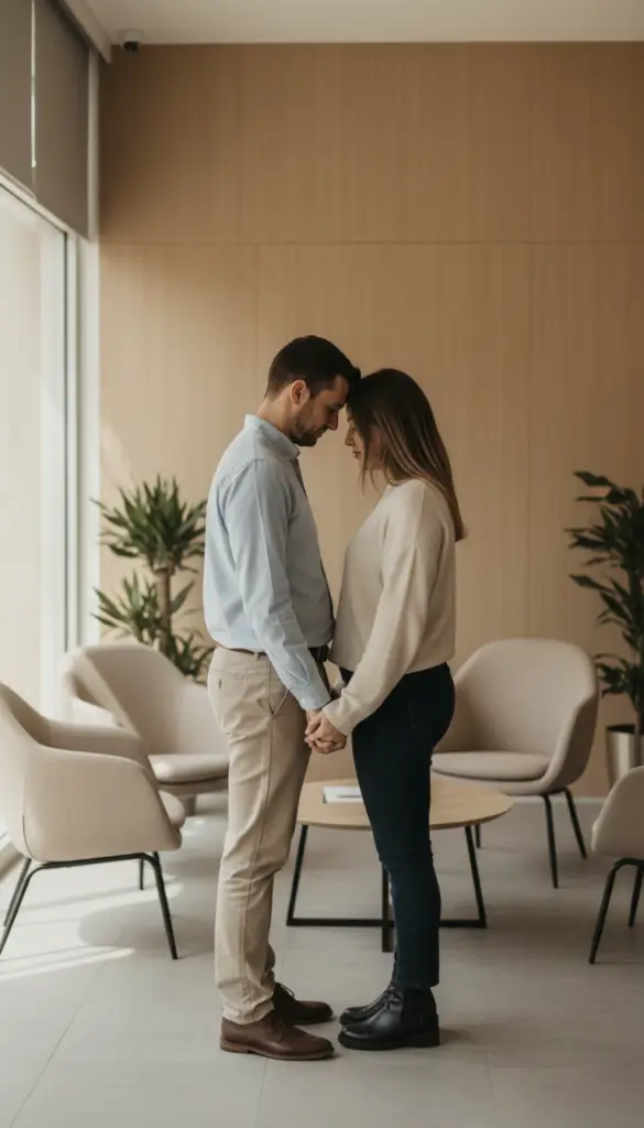 Paar steht in einem neutralen Wartebereich einer Kinderwunschklinik in Spanien, ruhiger Moment ohne Blick in die Kamera.