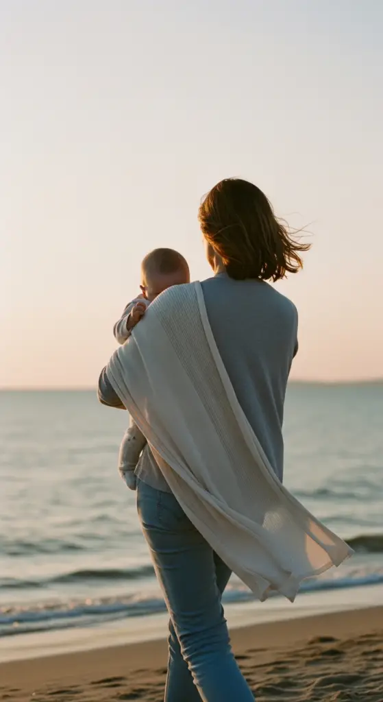 Singlefrau trägt ein Baby am Strand und geht am Wasser entlang, ruhige Szene ohne Pose, Gesichter nicht erkennbar.