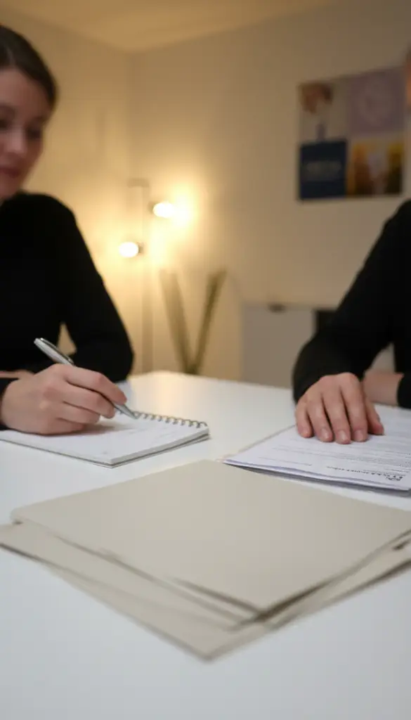 Erstgespräch bei Freya Fertility Dänemark in einer Kinderwunschklinik, Fokus auf Hände, Notizblock und Unterlagen, Gesichter nicht erkennbar.