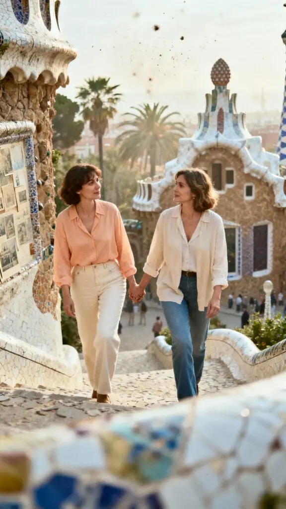 Frauenpaar geht ruhig durch einen Park in Barcelona, Aufnahme von hinten oder seitlich, Gesichter nicht erkennbar.