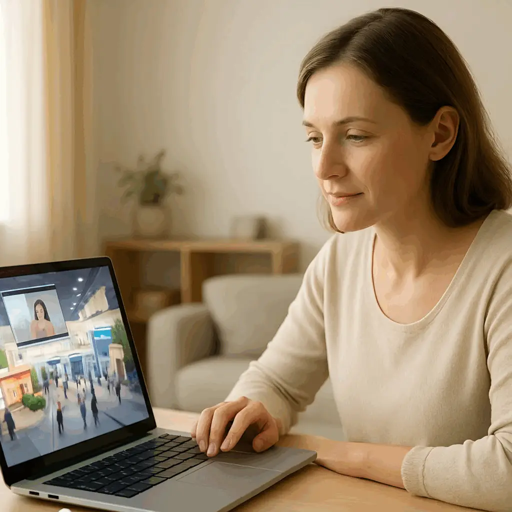 Virtuelle Kinderwunsch-Messe: Frau informiert sich von zu Hause am Laptop in einem geschützten Online-Raum über Kinderwunschkliniken und Webinare