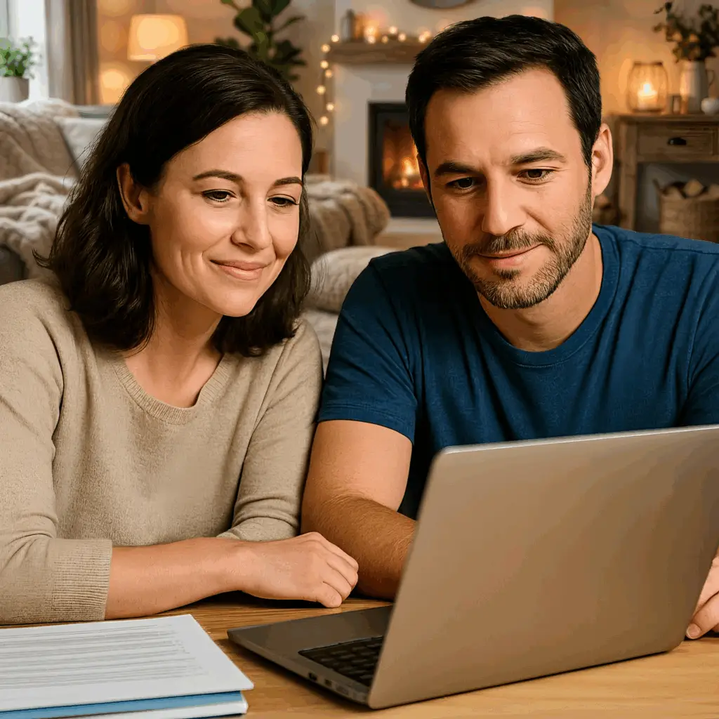 Paar sitzt in seiner Wohlfühl-Oase zu Hause am Tisch und schaut hoffnungsvoll auf einen Laptop mit Informationen zur virtuellen Kinderwunsch-Messe