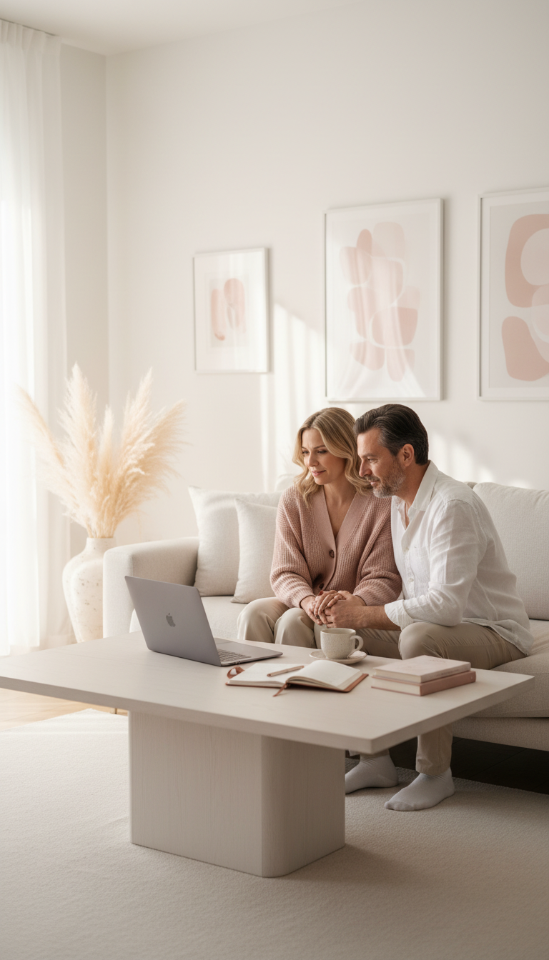 Paar informiert sich online über Kinderwunschwebinare auf der Kinderwunschmesse