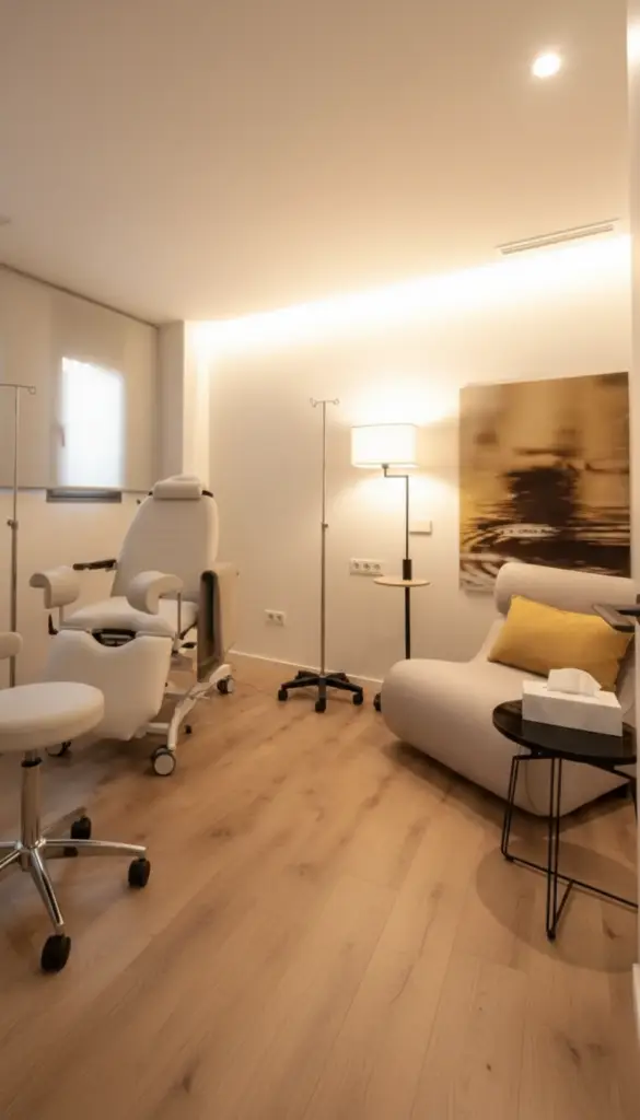 Heller Beratungsraum einer Kinderwunschklinik mit Behandlungsstuhl, Stehlampe und Sitzbereich, warmes Licht, keine Personen.