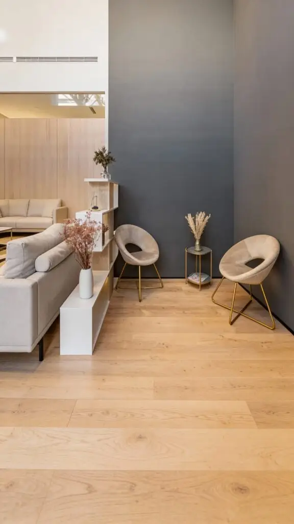 Ruhiger Wartebereich einer Kinderwunschklinik mit zwei Sesseln, kleiner Ablage und warmem Holzfußboden, ohne Personen.