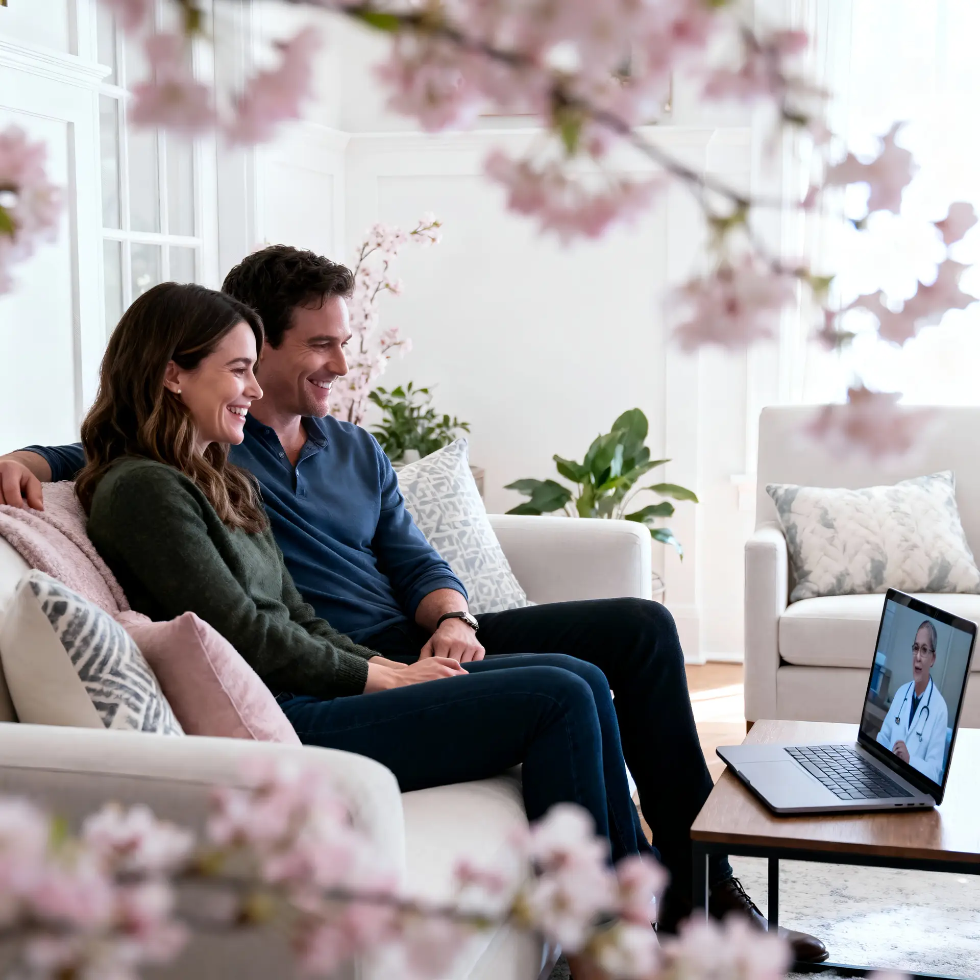 Paar sitzt zuhause auf dem Sofa und spricht über den Laptop per Video mit einem Reproduktionsmediziner.